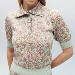 NWT ZARA Floral Jacquard Knit Polo Top in Green - Size Small